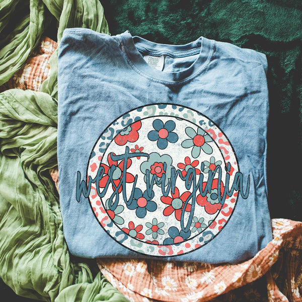 Retro Floral State Tee - Blue Jean