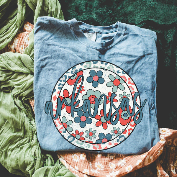 Retro Floral State Tee - Blue Jean