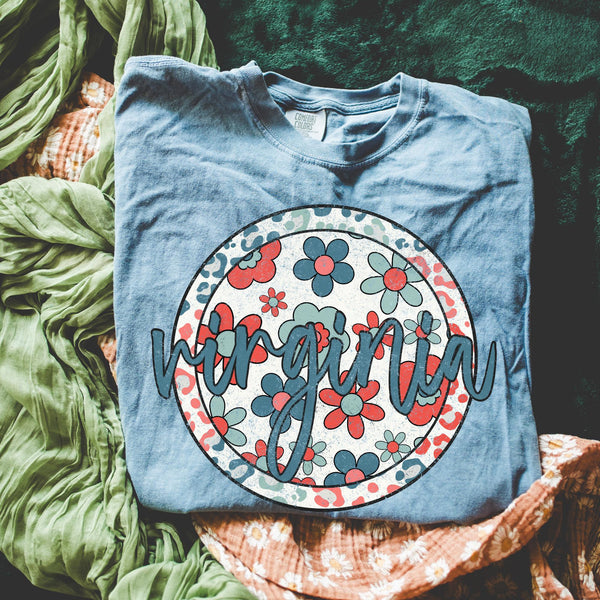 Retro Floral State Tee - Blue Jean