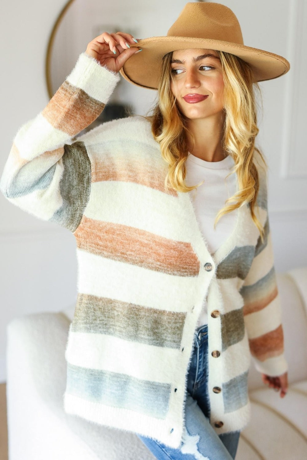 Haptics Full Size Button Down Stripe Soft Fuzzy Sweater Cardigan