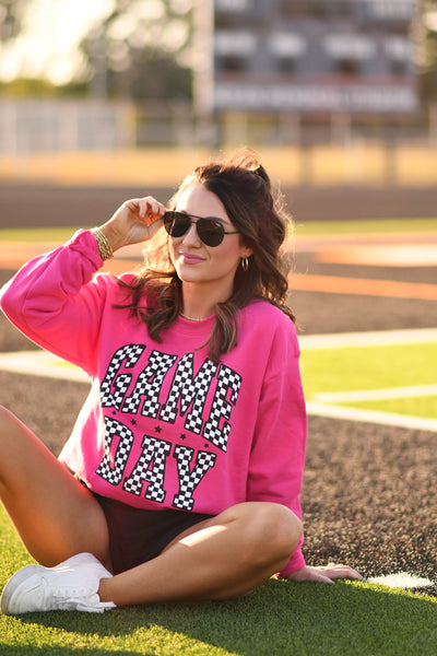 **SALE** RTS Hot Pink Checkered Game Day Sweatshirt