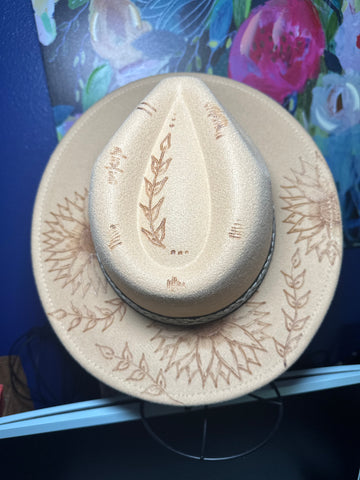 Custom designed and hand burned hat with Aztec band