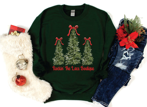 Custom Name Trees with Bow Sweatshirt - Hunter Green