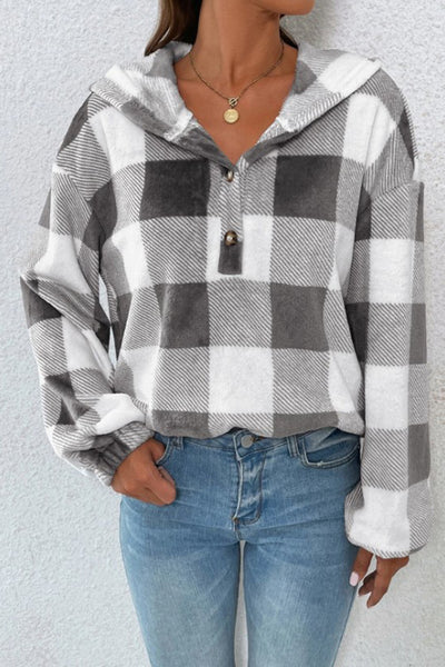 Plaid Quarter Button Dropped Shoulder Hoodie