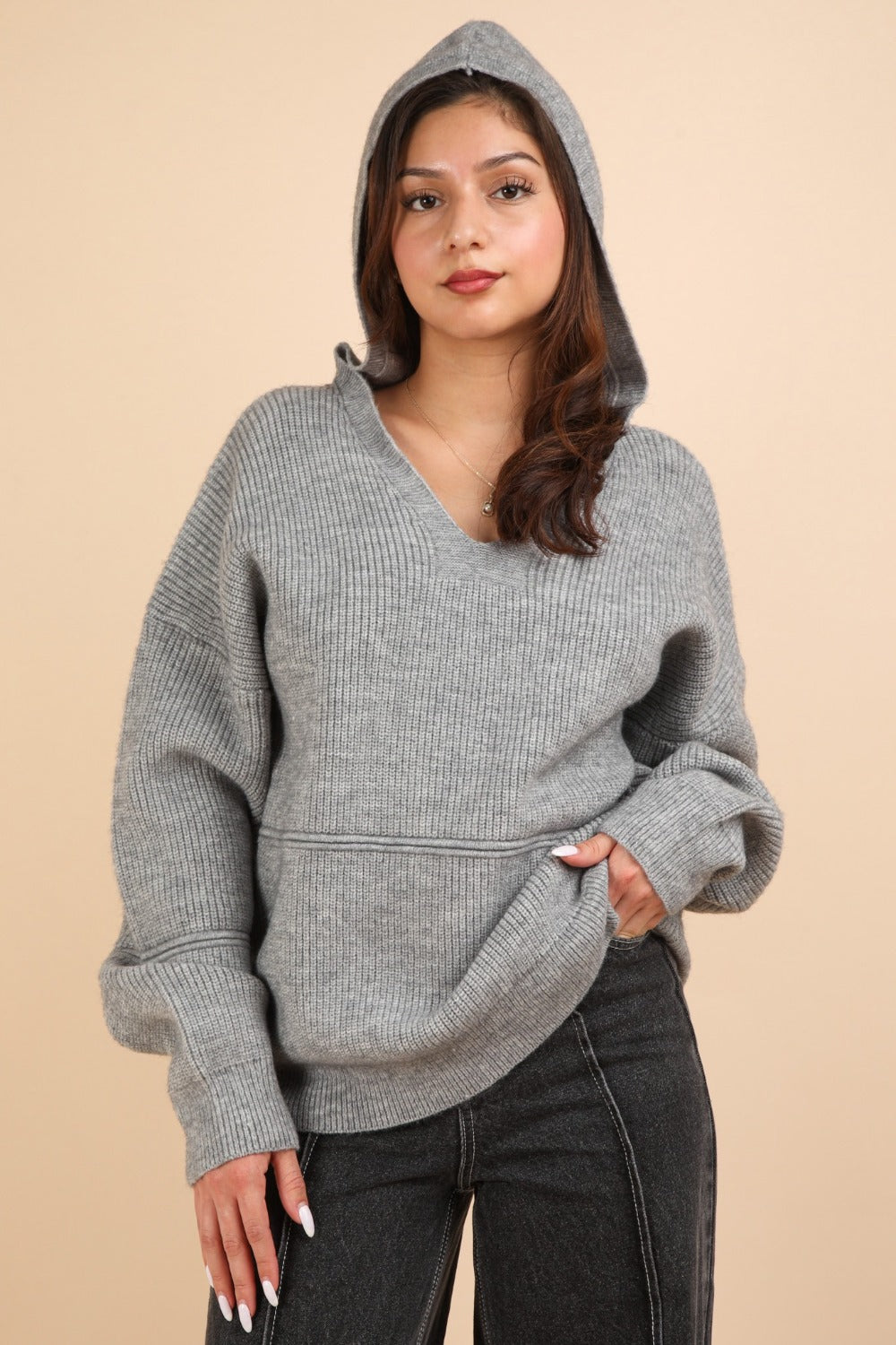 VERY J Seam Detail Drop Shoulder Hooded Sweater