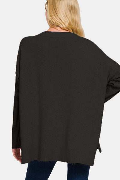 Zenana V-Neck Side Slit High-Low Sweater