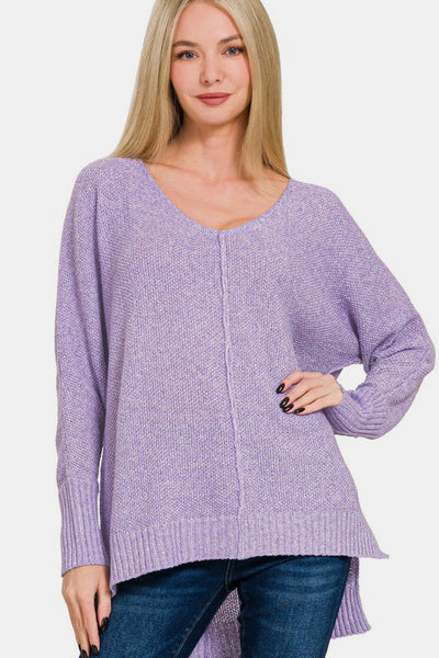 Zenana High-Low Center Seam V-Neck Sweater