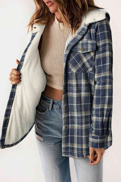 Plaid Snap Down Hooded Jacket