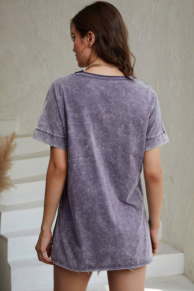 Mineral Wash Round Neck Short Sleeve Blouse