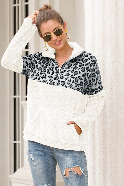 Two-Tone Zip-Up Turtle Neck Dropped Shoulder Sweatshirt