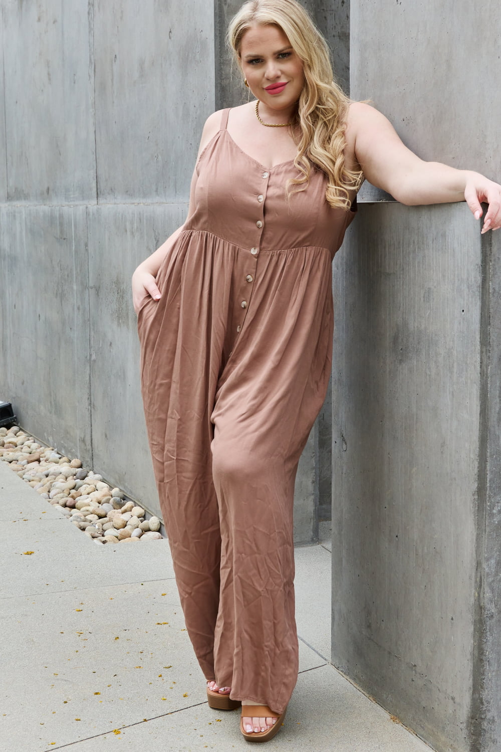 HEYSON All Day Full Size Wide Leg Button Down Jumpsuit in Mocha