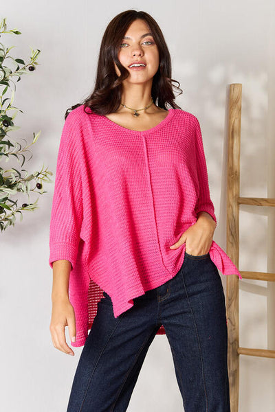 Zenana Full Size Round Neck High-Low Slit Knit Top