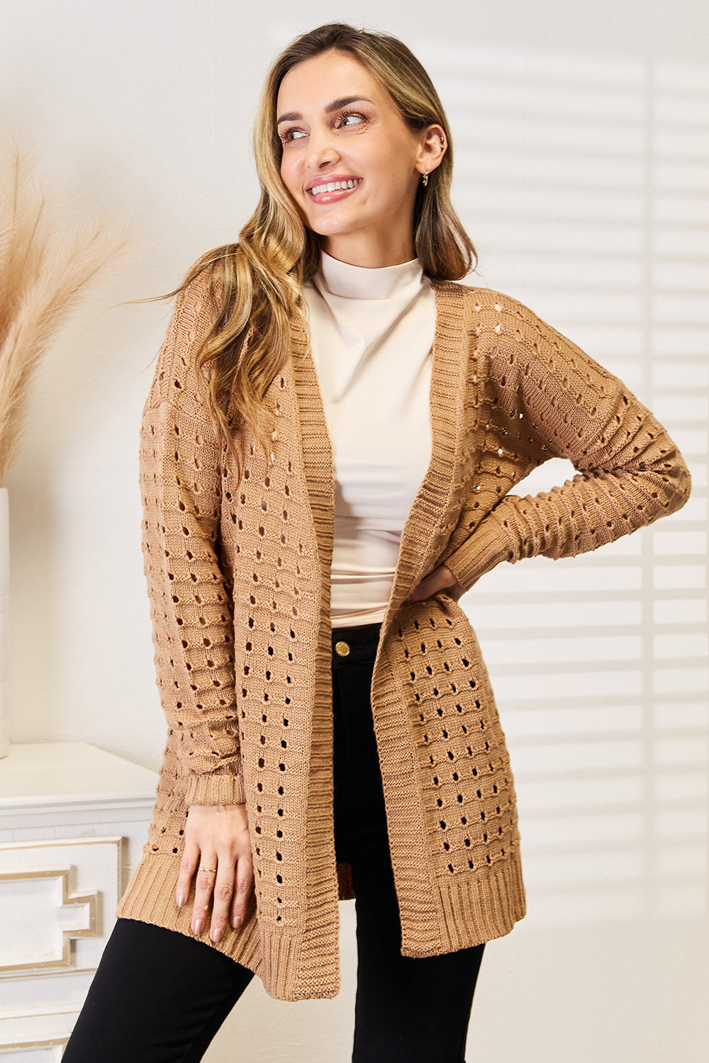 Double Take Openwork Horizontal Ribbing Open Front Cardigan