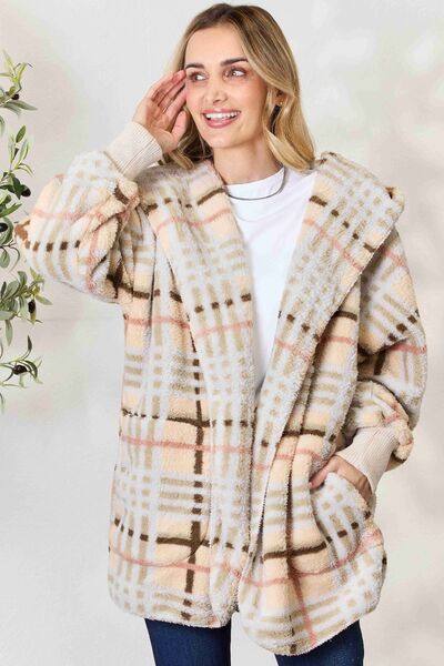 H&T Checked Faux Fur Hooded Jacket