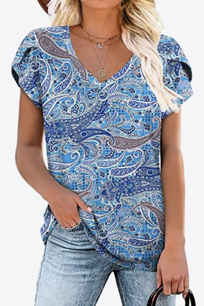 Printed Petal Sleeve V-Neck Blouse