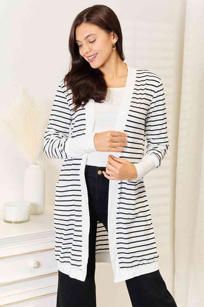 Double Take Striped Open Front Longline Cardigan