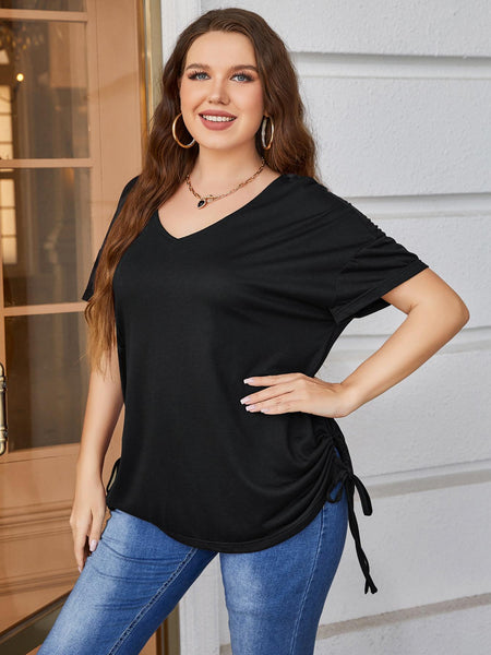 Plus Size Drawstring V-Neck Short Sleeve Blouse