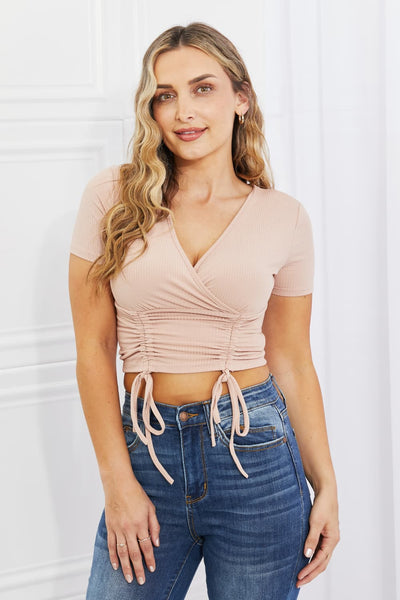 Back To Simple Full Size Ribbed Front Scrunched Top in Blush