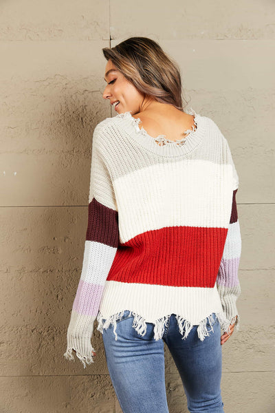 Woven Right Color Block Distressed V-Neck Ribbed Sweater