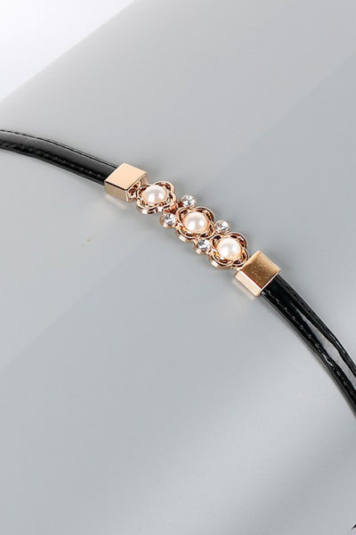 Rhinestone Flower Adjustable PU Leather Belt