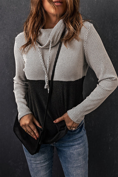 Two-Tone Waffle-Knit Drawstring Cowl Neck Sweatshirt