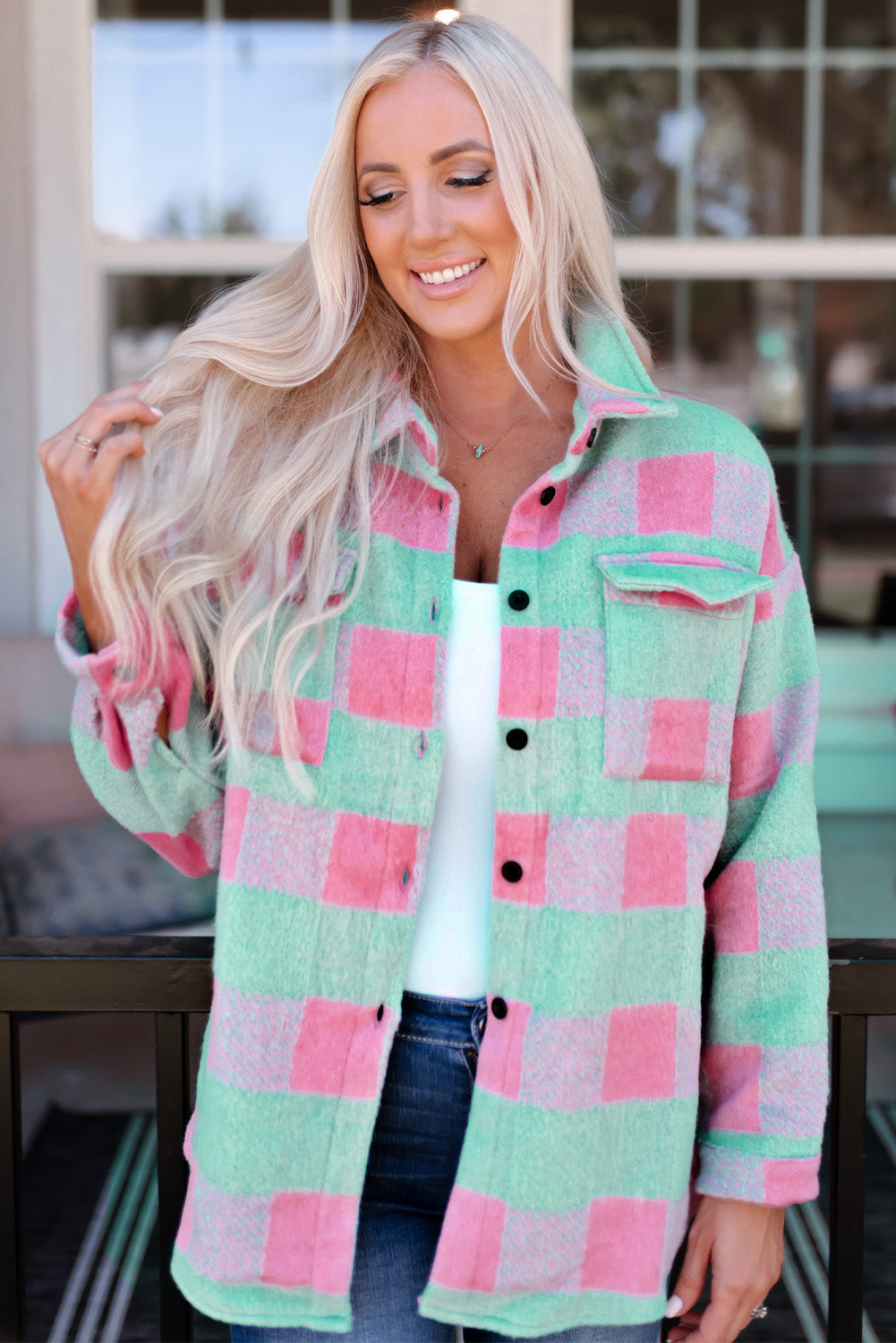 Plaid Button Front Dropped Shoulder Shacket