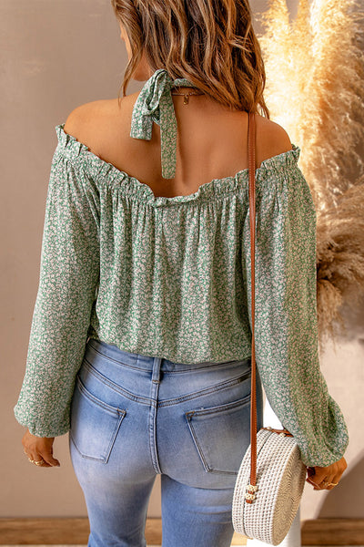 Ditsy Floral Halter Neck Frill Trim Blouse