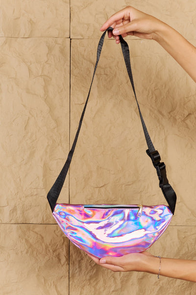 Fame Good Vibrations Holographic Double Zipper Fanny Pack in Hot Pink