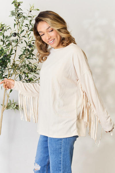 Celeste Full Size Fringe Detail Long Sleeve Blouse