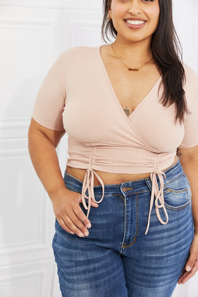 Back To Simple Full Size Ribbed Front Scrunched Top in Blush