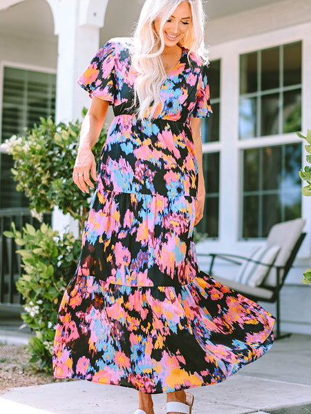 Printed V-Neck Short Sleeve Maxi Dress