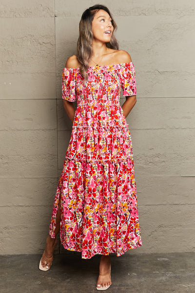 Floral Off-Shoulder Frill Trim Maxi Dress