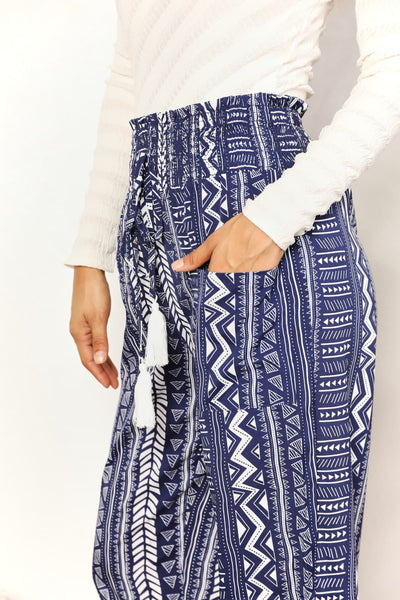 Double Take Geometric Print Tassel High-Rise Pants