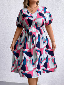 Plus Size Multicolored V-Neck Tie Waist Dress