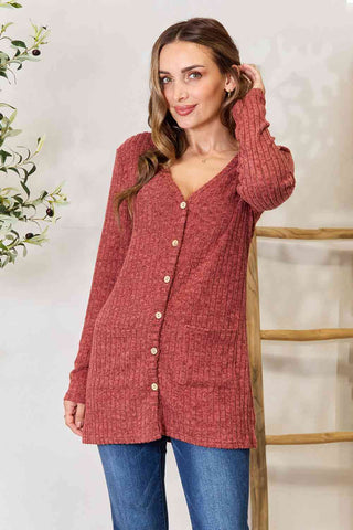 Double Take Ribbed Button-Up Cardigan with Pockets