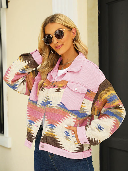 Printed Dropped Shoulder Long Sleeve Denim Jacket