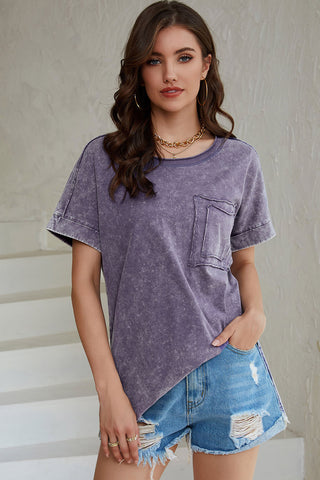 Mineral Wash Round Neck Short Sleeve Blouse