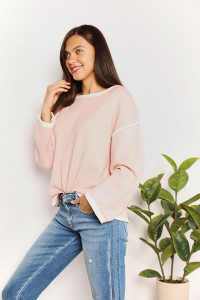 Double Take Contrast Detail Dropped Shoulder Knit Top