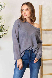 Basic Bae Waffle-Knit Round Neck Long Sleeve Slit Sweatshirt