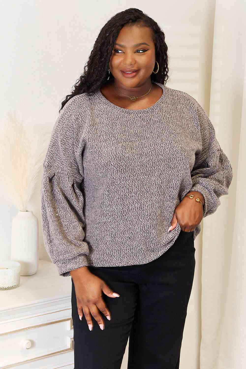 Jade By Jane Full Size Boat Neck Glitter Long Sleeve Top