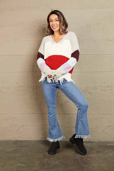 Woven Right Color Block Distressed V-Neck Ribbed Sweater