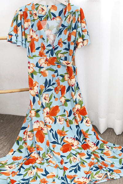 Plus Size Floral Surplice Neck Flutter Sleeve Dress