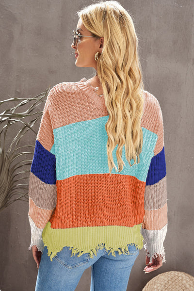 Woven Right Color Block Distressed V-Neck Ribbed Sweater