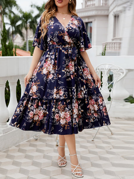 Plus Size Floral Surplice Neck Midi Dress