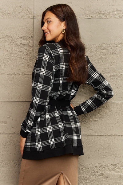 Ninexis Plus Size Plaid Tie Waist Pocketed Cardigan