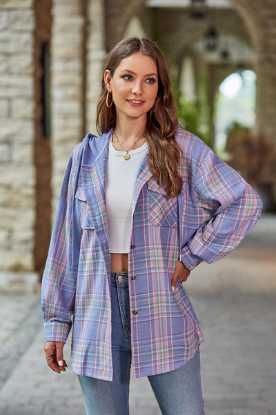 Plaid Long Sleeve Hooded Jacket