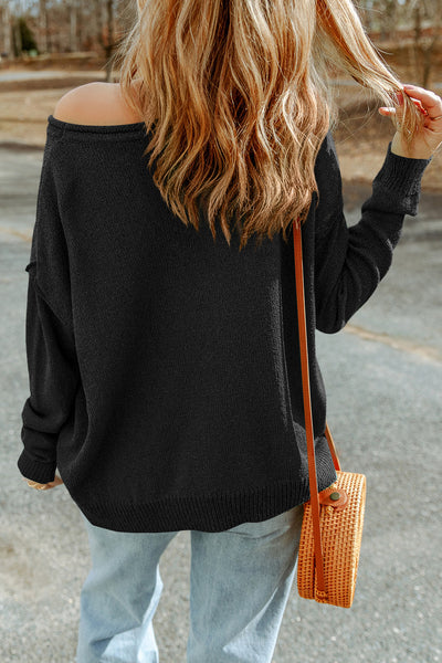 Dropped Shoulder Boat Neck Sweater Pullover with Pocket