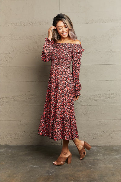 Off-Shoulder Long Sleeve Midi Dress